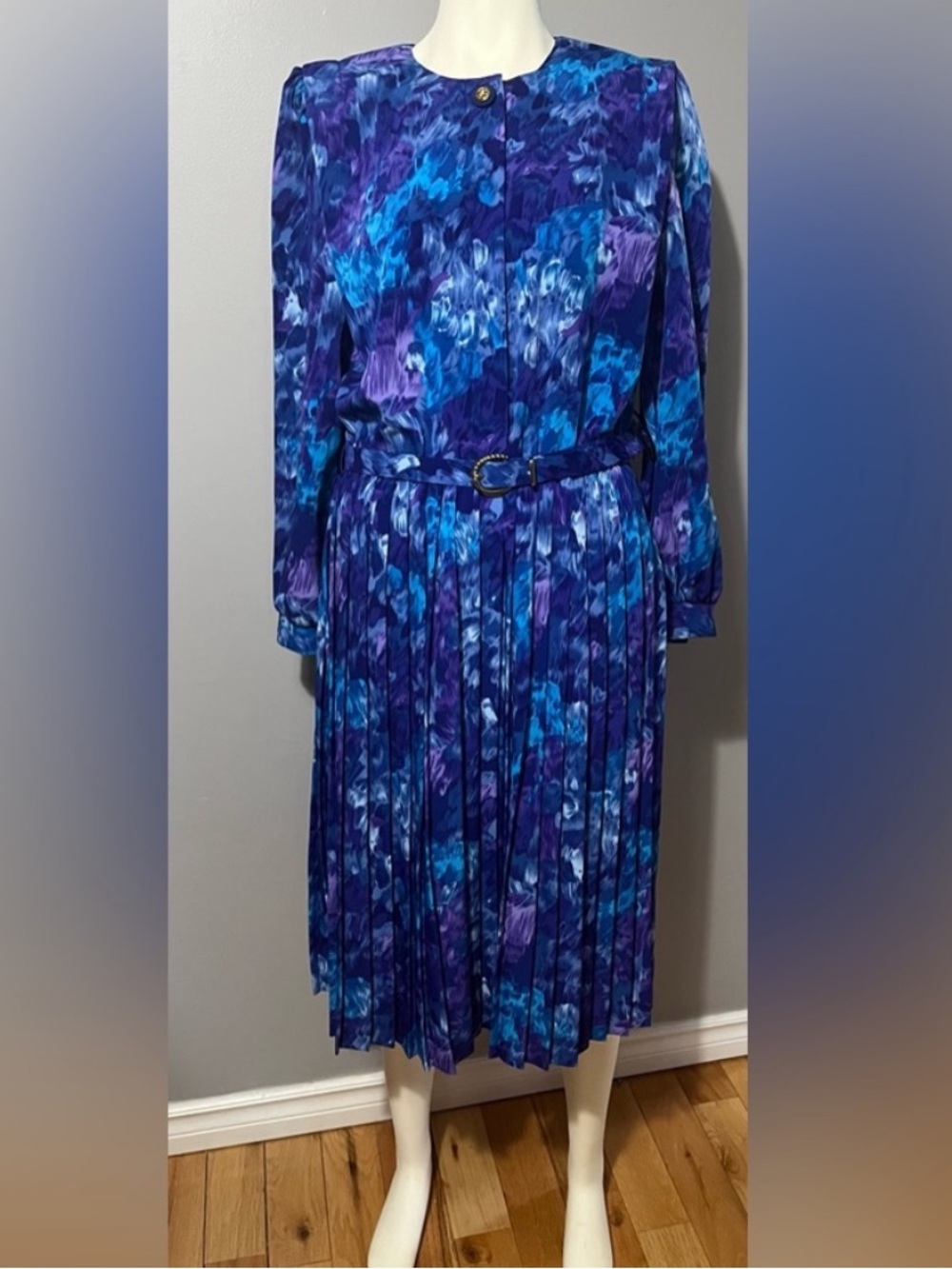Blue & Purple Pleated Long Sleeve Dress with Belt